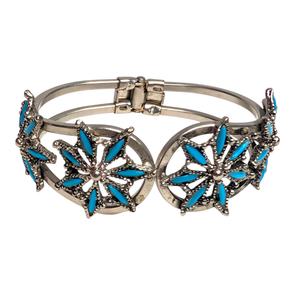 Silver & Turquoise Flower Adjustable‎ Hinge Cuff Bracelet Western Boho Jewlery